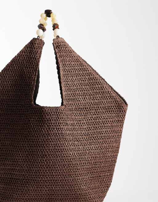 South Beach - Maxi borsa oversize da spalla marrone cioccolato con manico con perline in resina , 4 di 4