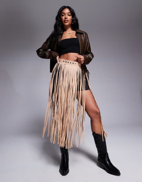 South Beach maxi fringe festival belt in tan - view 1