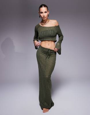 maxi knit beach skirt in khaki - part of a set-Green