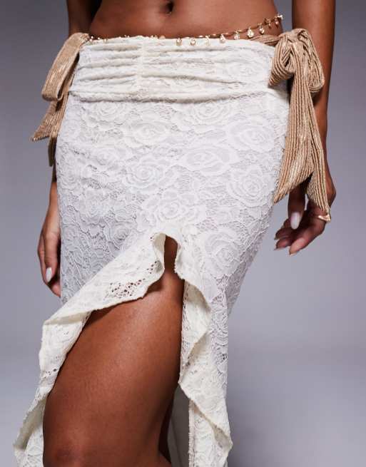 South Beach maxi lace beach skirt with leg cut out in cream, 2 of 5