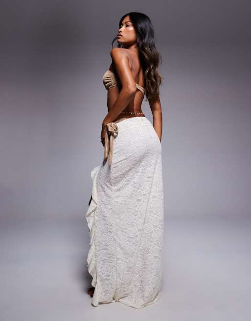 South Beach maxi lace beach skirt with leg cut out in cream, 4 of 5