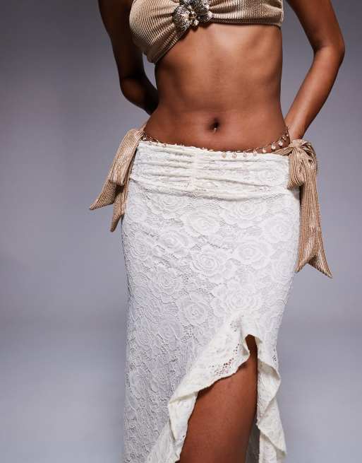 South Beach maxi lace beach skirt with leg cut out in cream, 5 of 5