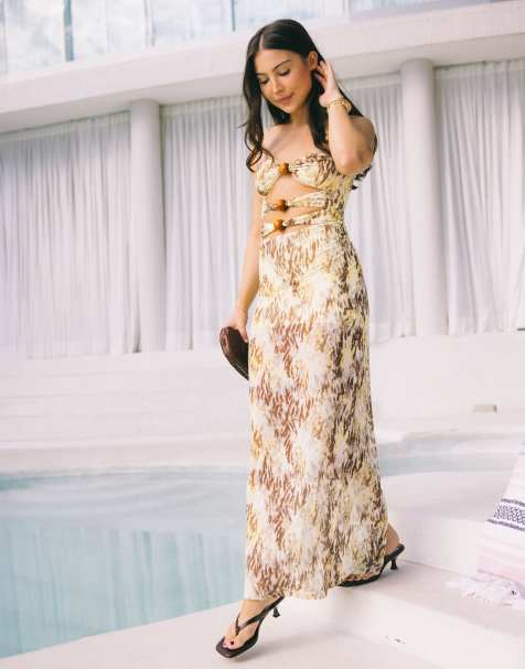 South Beach - Maxi strandjurk van mesh met abstracte print en uitsnijding in groen multi - view 1