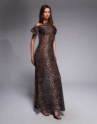 South Beach - Maxi-Strandkleid aus Netzstoff mit Leopardenmuster-Brown
