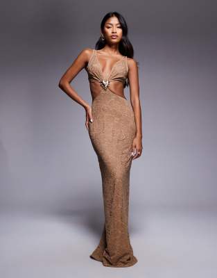 South Beach - Maxi-Strandkleid aus Spitze in Karamell mit Cut-out-Neutral