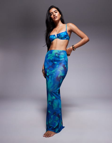 South Beach - Maxi-strandrok van mesh met vervaagde print in blauw - view 1