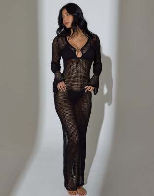 South Beach - Maxi-Strickkaftan in Schwarz mit ausgestellten Ärmeln und Himmelskörper-Print