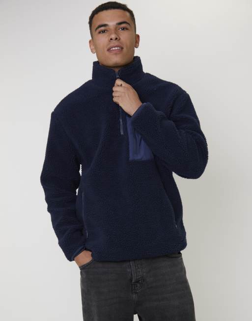 South Beach Mens borg jacket borg 1/4 length jacket in navy