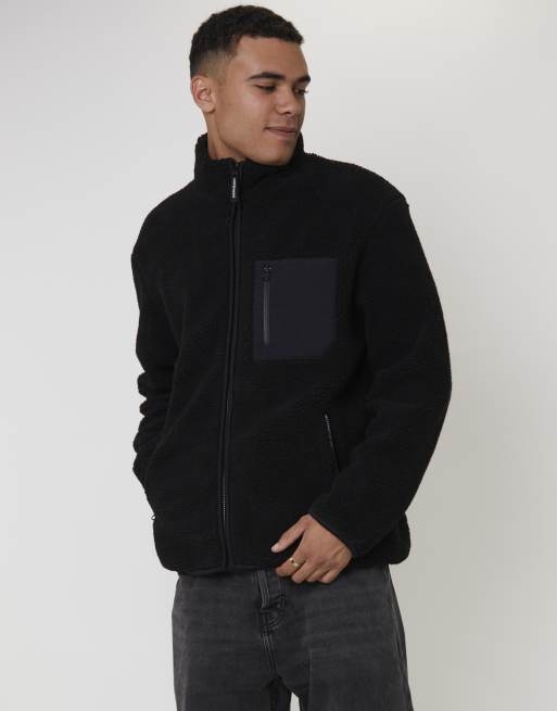 South Beach Mens borg jacket borg zip jacket with pocket in black