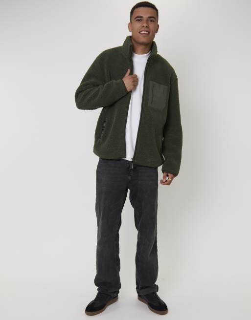 South Beach Mens borg jacket borg zip jacket with pocket in green