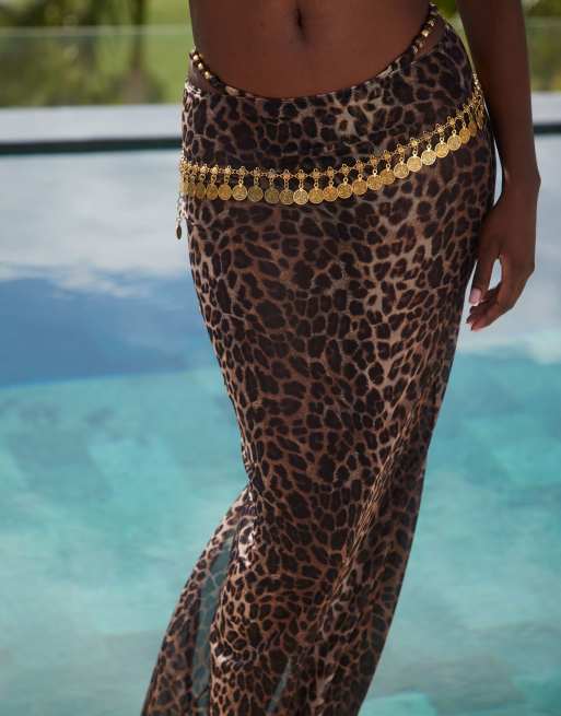 South Beach mesh beach maxi skirt in leopard print, 3 of 4
