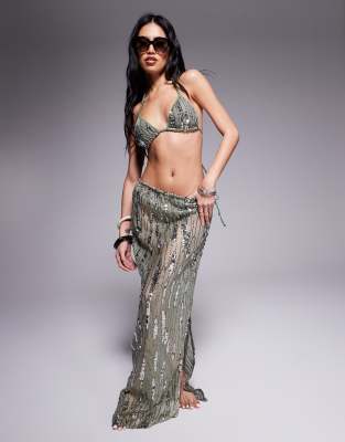 mesh sequin maxi beach skirt in green-Silver