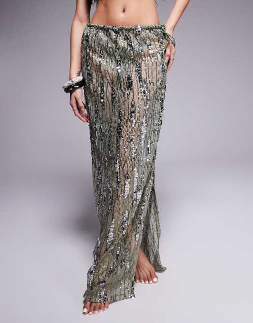 South Beach mesh sequin maxi beach skirt in green