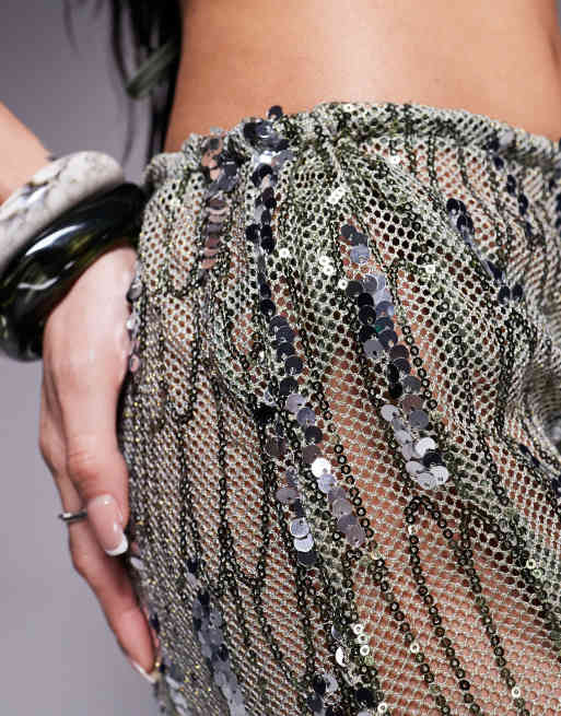 South Beach mesh sequin maxi beach skirt in green