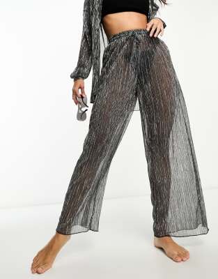 South Beach metallic plisse beach pants in black