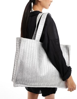 metallic woven shoulder tote bag in silver