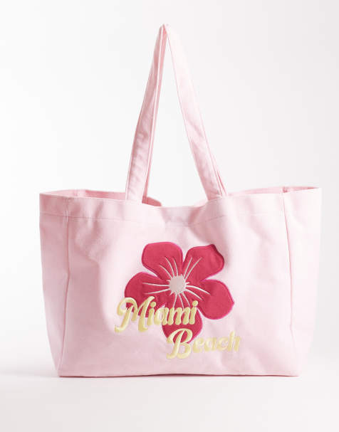 South Beach miami beach printed towelling tote bag in pale pink - view 1