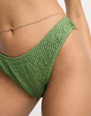 South Beach - Mix and Match - Bikinihose in Khaki mit Crinkle-Optik und hohem Beinausschnitt-Grün