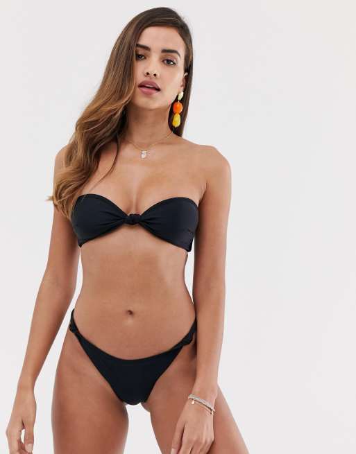 South Beach Mix and Match – Czarny wysoko wycięty dół od bikini z materiału z recyklingu z supłami po bokach