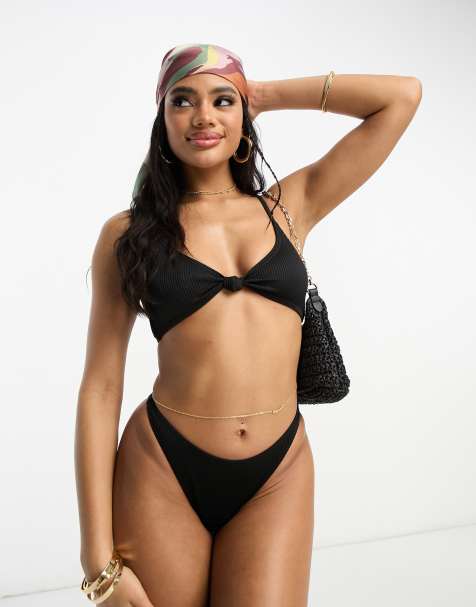 South Beach - Mix en match - Geribbelde triangel-bikinitop met geknoopt detail in zwart - view 1