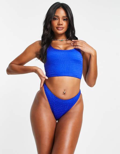 South Beach mix match crinkle long line crop bikini top in cobalt blue