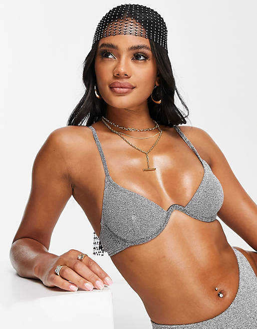South Beach mix & match exaggerated wire bikini top in silver metallic 