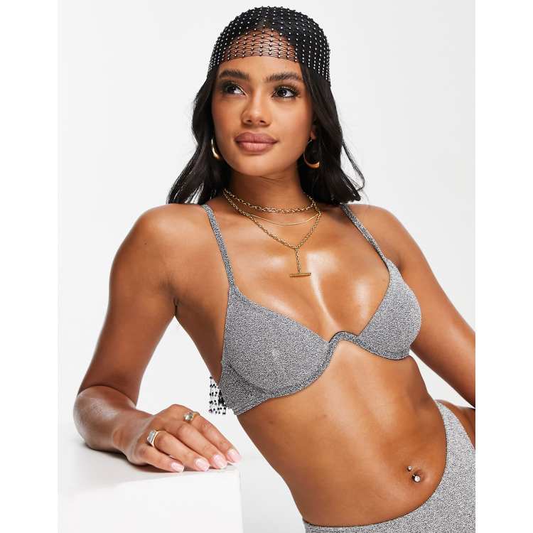 Sparkle In The Sun Dark Grey Silver Glitter Sleeveless V Neck Push Up Bra  Top High Cut Two Piece Bikini Swimsuit – Indie XO