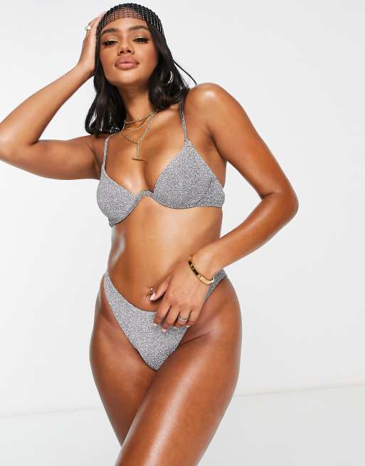 South Beach mix & match exaggerated wire bikini top in silver metallic