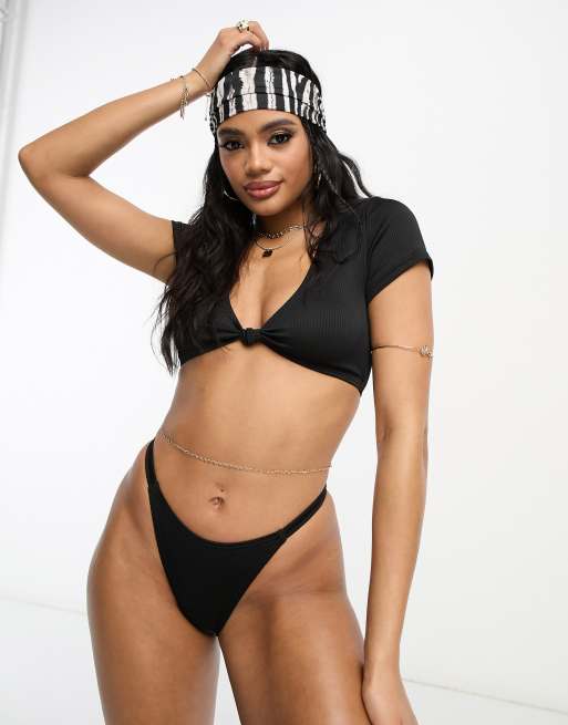 South Beach – Mix & Match – Gerippte Micro-Bikinihose in Schwarz mit hohem Beinschnitt 