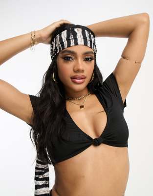 South Beach mix & match rib cap sleeve bikini top in black