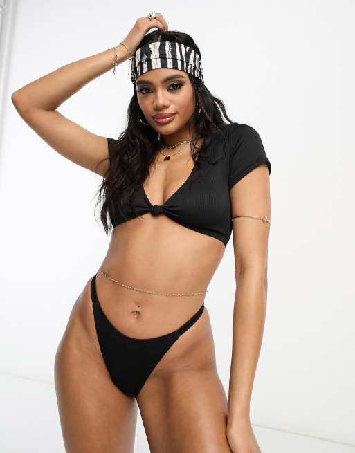 ASOS Mix And Match High Leg High Waist Thong Bikini Bottoms in Black