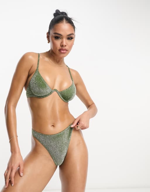 Reclaimed Vintage Inspired underwired bikini top in green glitter