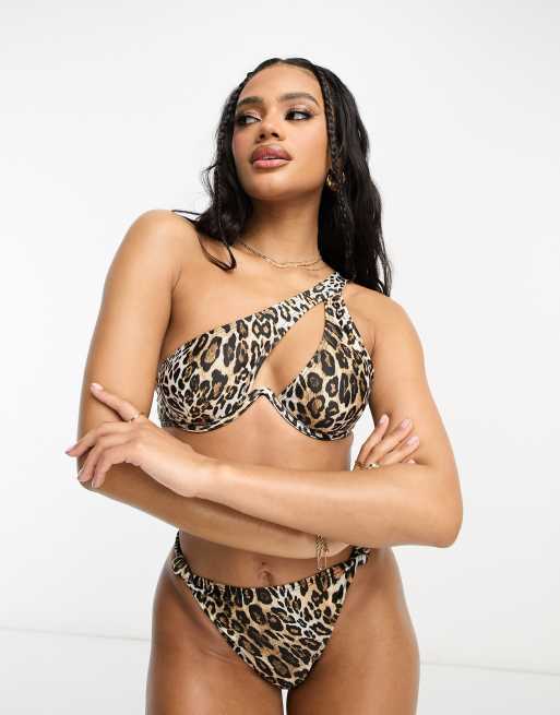 Leopard Print Mix & Match Underwire Asymmetric Strap Bikini Top