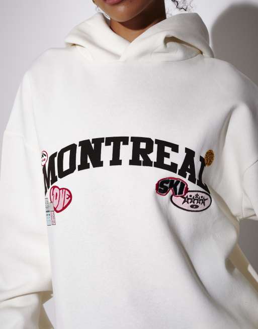 South Beach Montreal badge trim hoodie in cream, 3 of 4