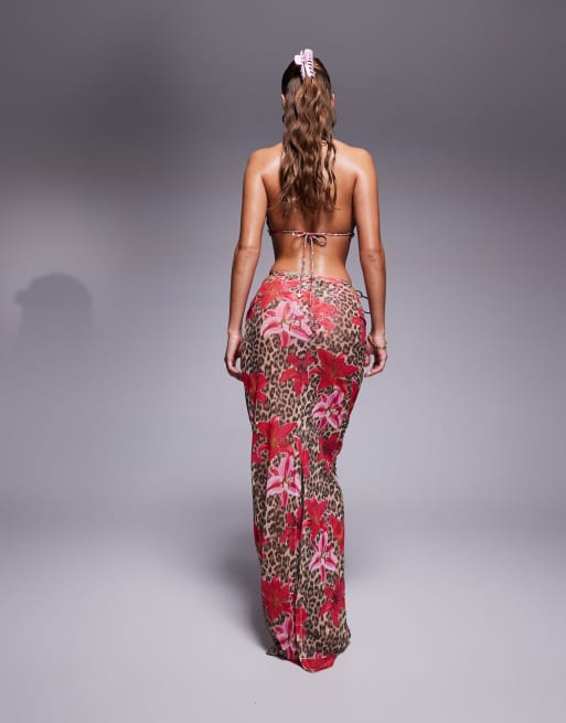South Beach - Multifarvet strand-maxinederdel i mesh med leopardprint, 5 af 5