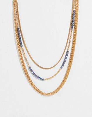 South Beach multirow chain necklace with blue beads in gold