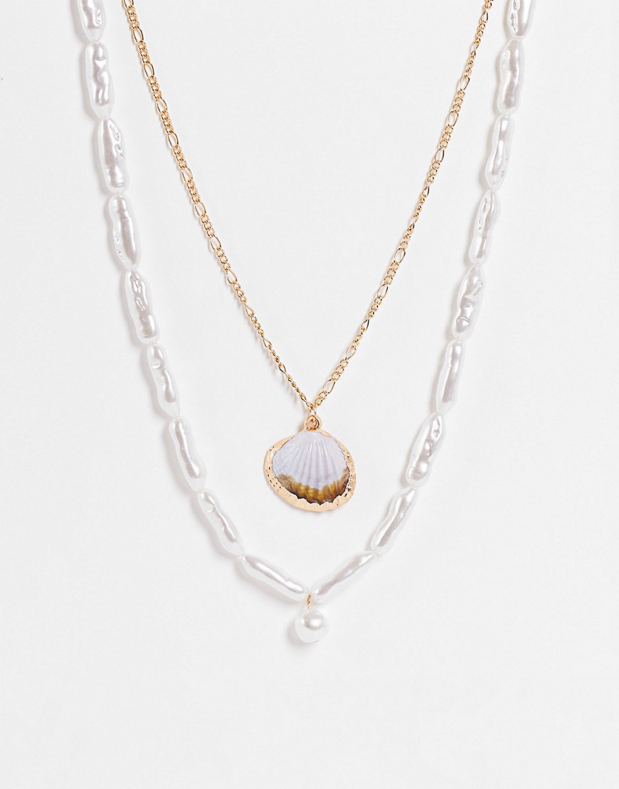 South Beach multirow faux pearl necklace in gold-White