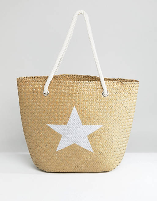 South Beach Natural Straw Beach Bag with Silver Star