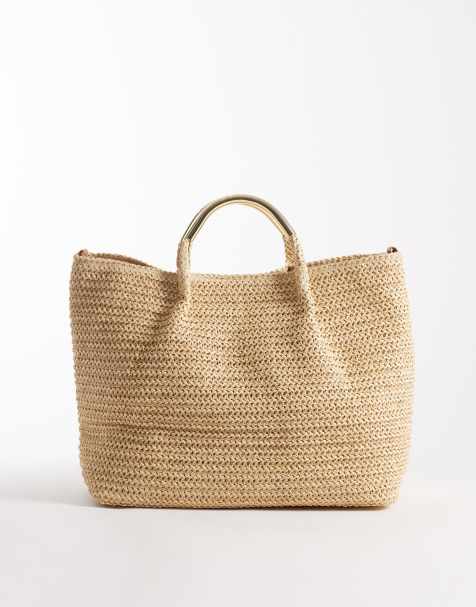 South Beach - Naturfarvet tote-taske i strå med guldfarvet hank og aftagelig crossbody-rem - view 1