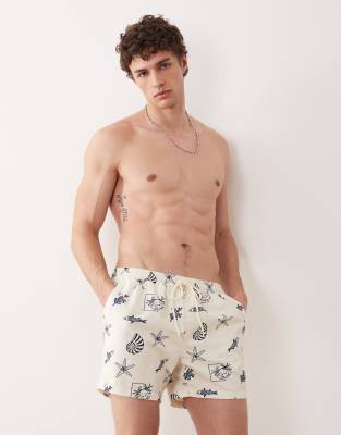 South Beach Ocean Scene Print Swim Shorts In White