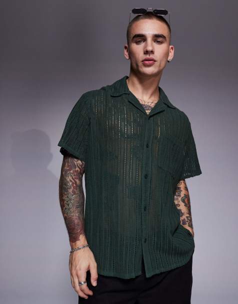 South Beach crochet short sleeve beach shirt in olive green