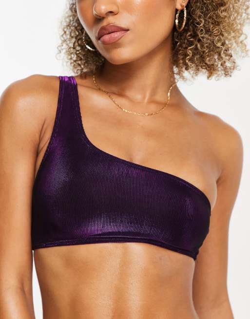 South Beach one shoulder bikini top in metallic purple