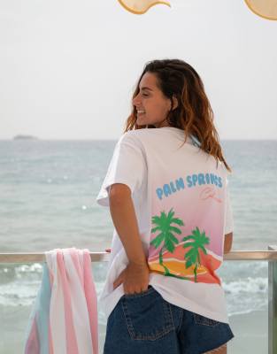 South Beach - Oversize-T-Shirt mit „Palm Springs"-Grafikprints-Weiß