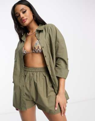South Beach South Beach oversized beach shirt in khaki-Green