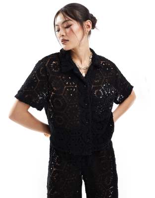 oversized crochet beach shirt in black - part of a set