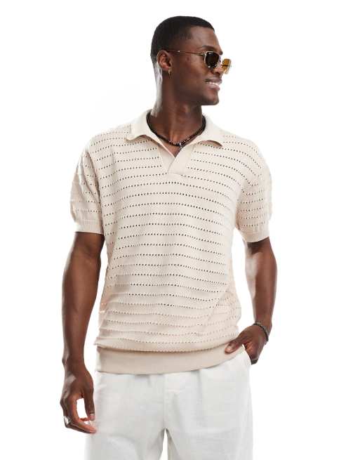 South Beach - Oversized gebreide strandpolo in lichtbeige