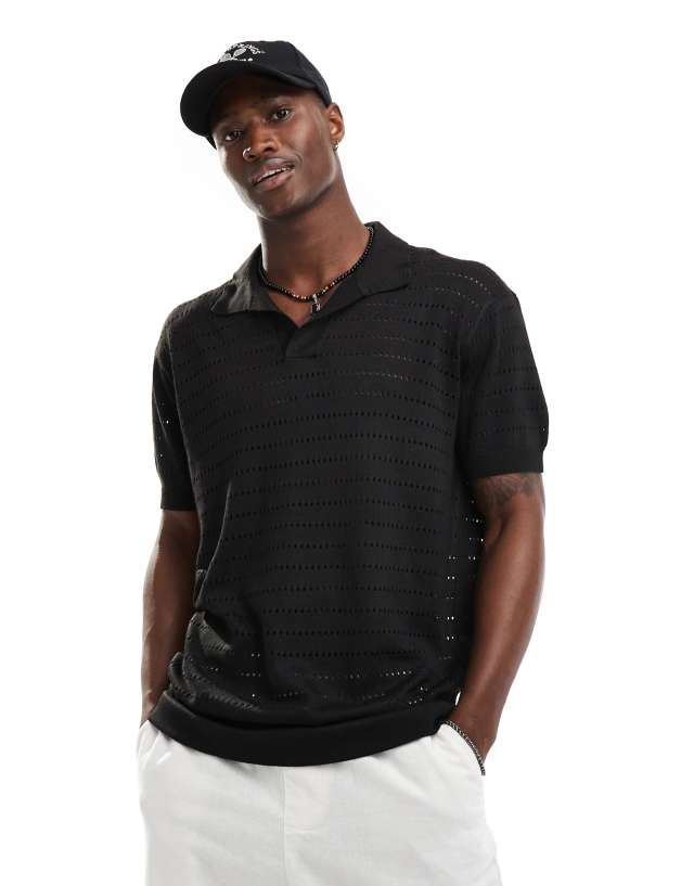 South Beach - oversized knit beach polo in black