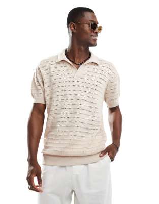 oversized knit beach polo in oat-White