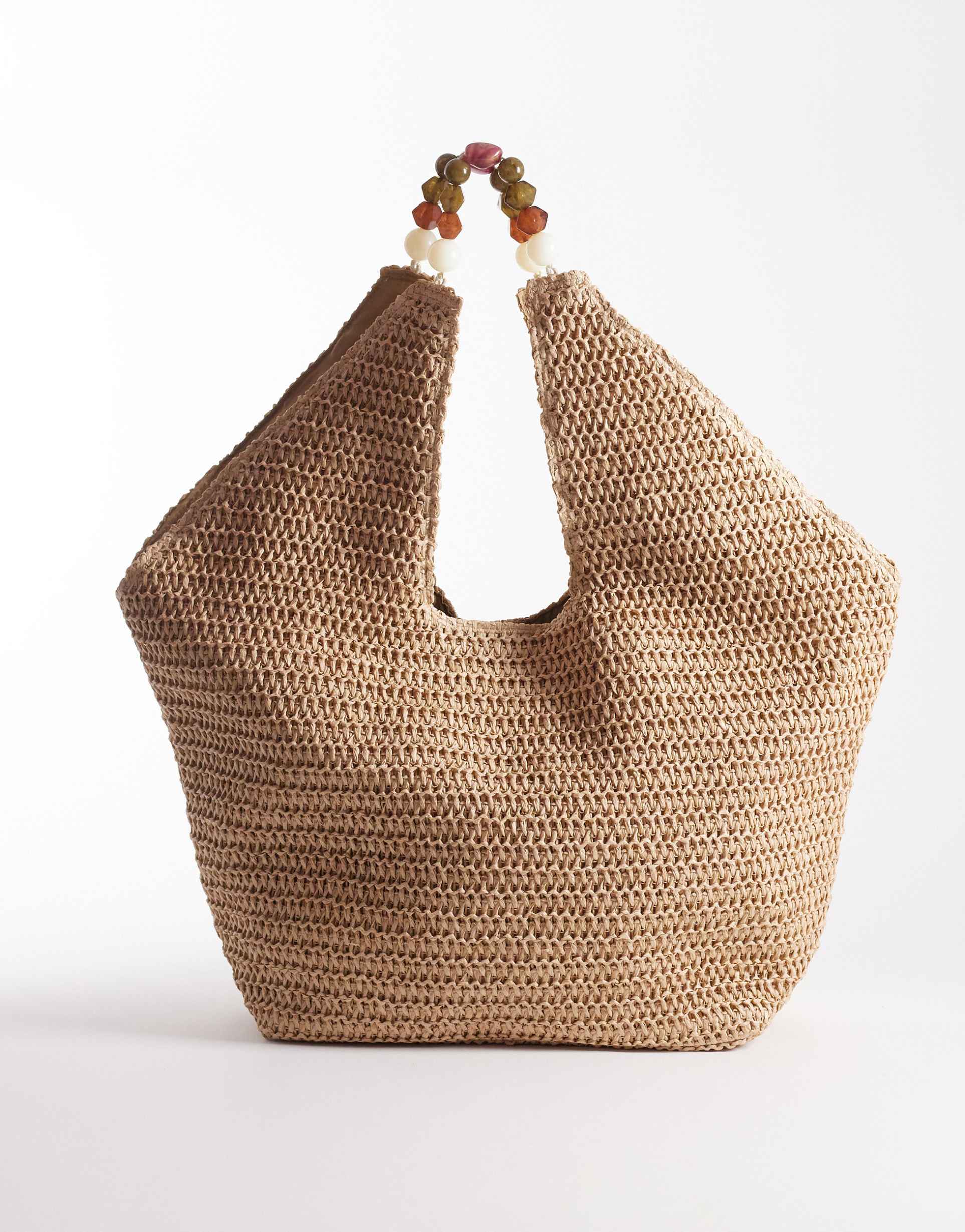 south beach oversized landscape shoulder tote bag with resin bead handle in natural