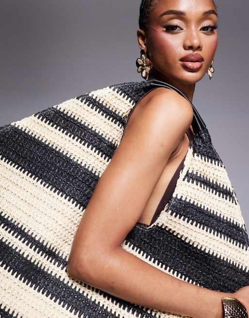 South Beach oversized landscape straw tote bag in black stripe